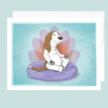 Artwork of a basset hound meditating in lotus yoga pose on a purple dog bed with lotus motif in background.