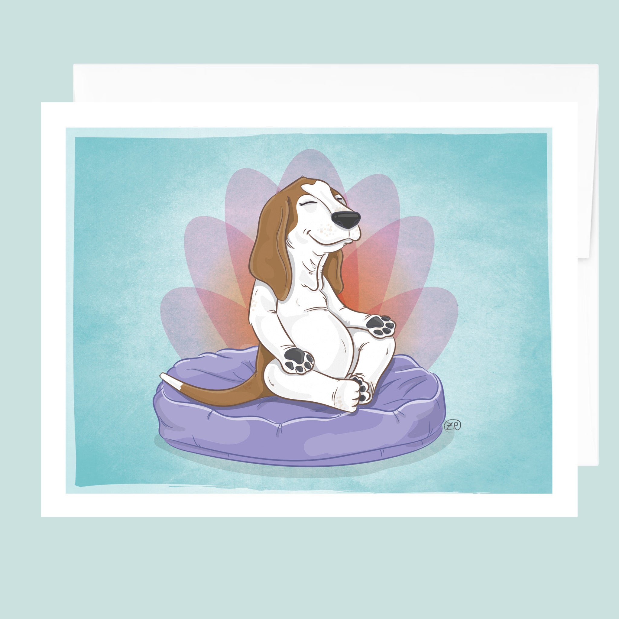 Artwork of a basset hound meditating in lotus yoga pose on a purple dog bed with lotus motif in background.