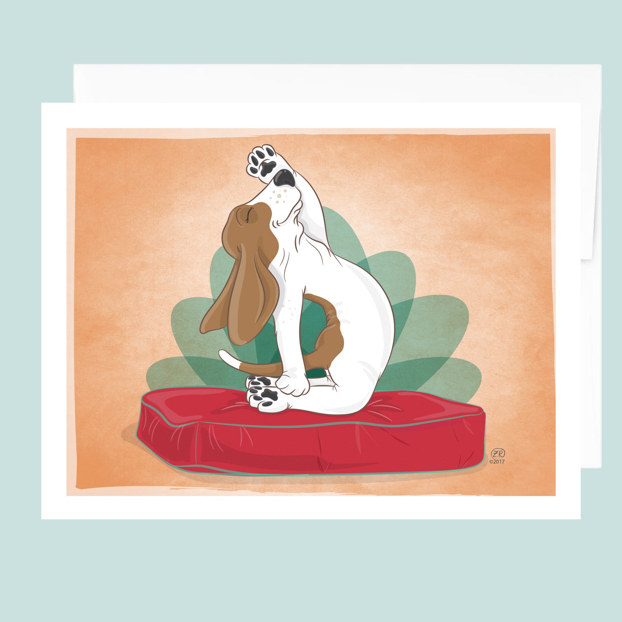 Artwork of a basset hound doing camel yoga pose on a red dog bed with lotus motif in background.