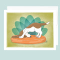 Artwork of a basset hound doing downward dog yoga pose on an orange dog bed with lotus motif in background.