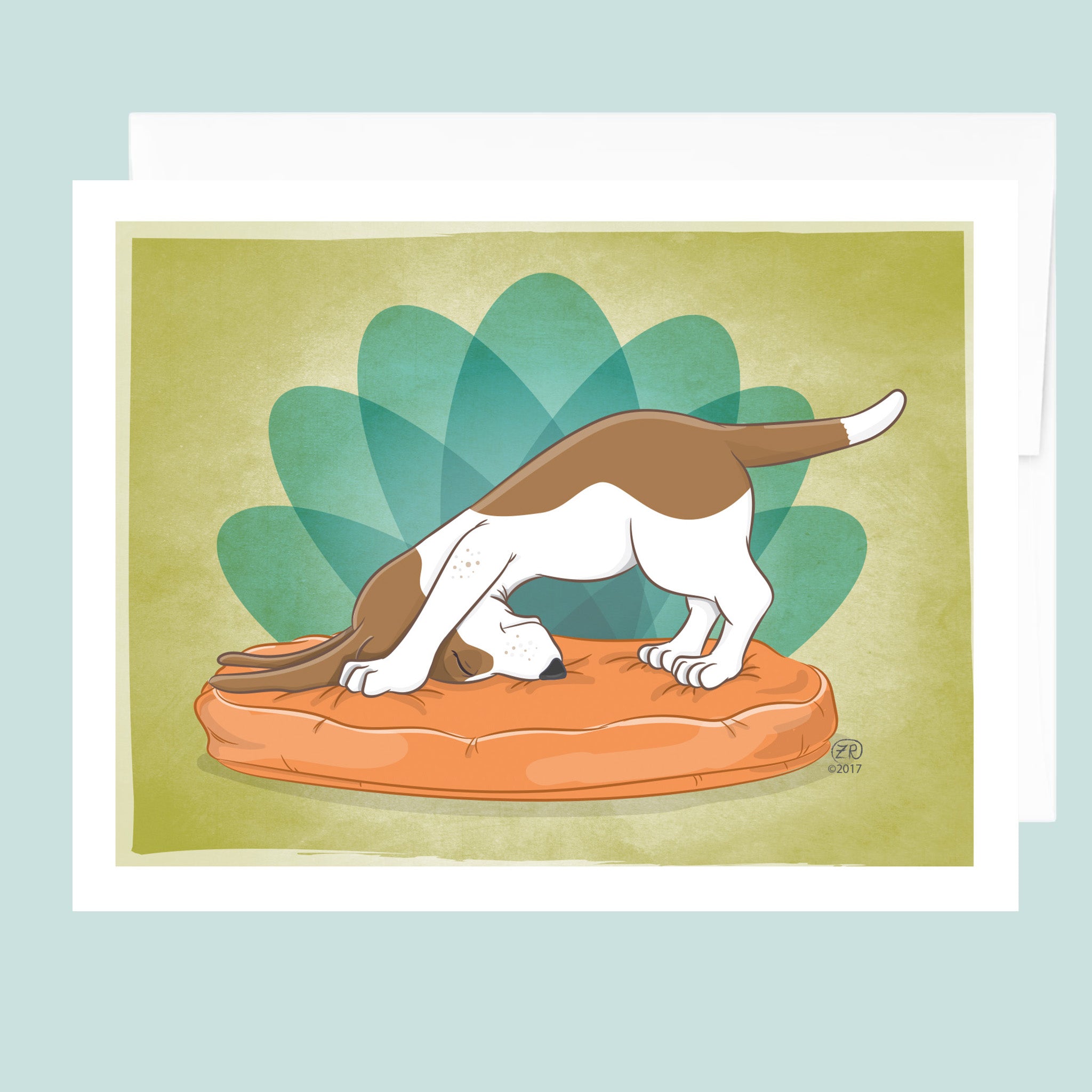 Artwork of a basset hound doing downward dog yoga pose on an orange dog bed with lotus motif in background.