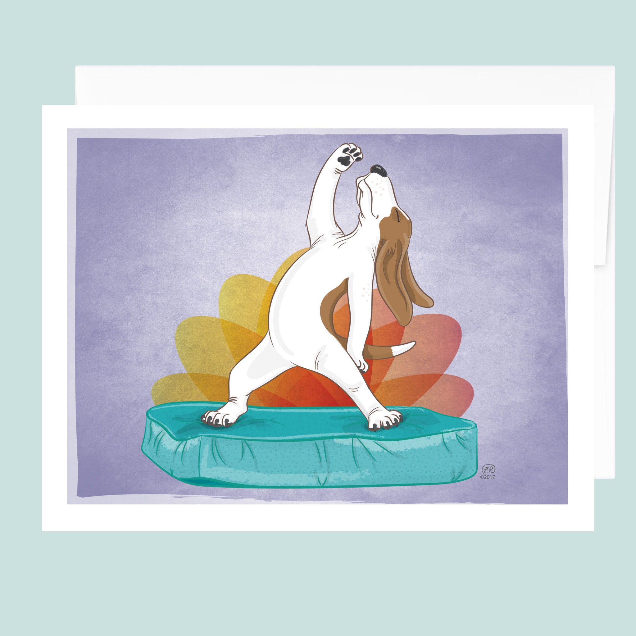 Artwork of a basset hound doing peaceful warrior yoga pose on a teal dog bed with lotus motif in background.