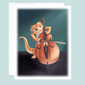 Illustration of a bearded dragonn lizard playing a cello on a dark background.