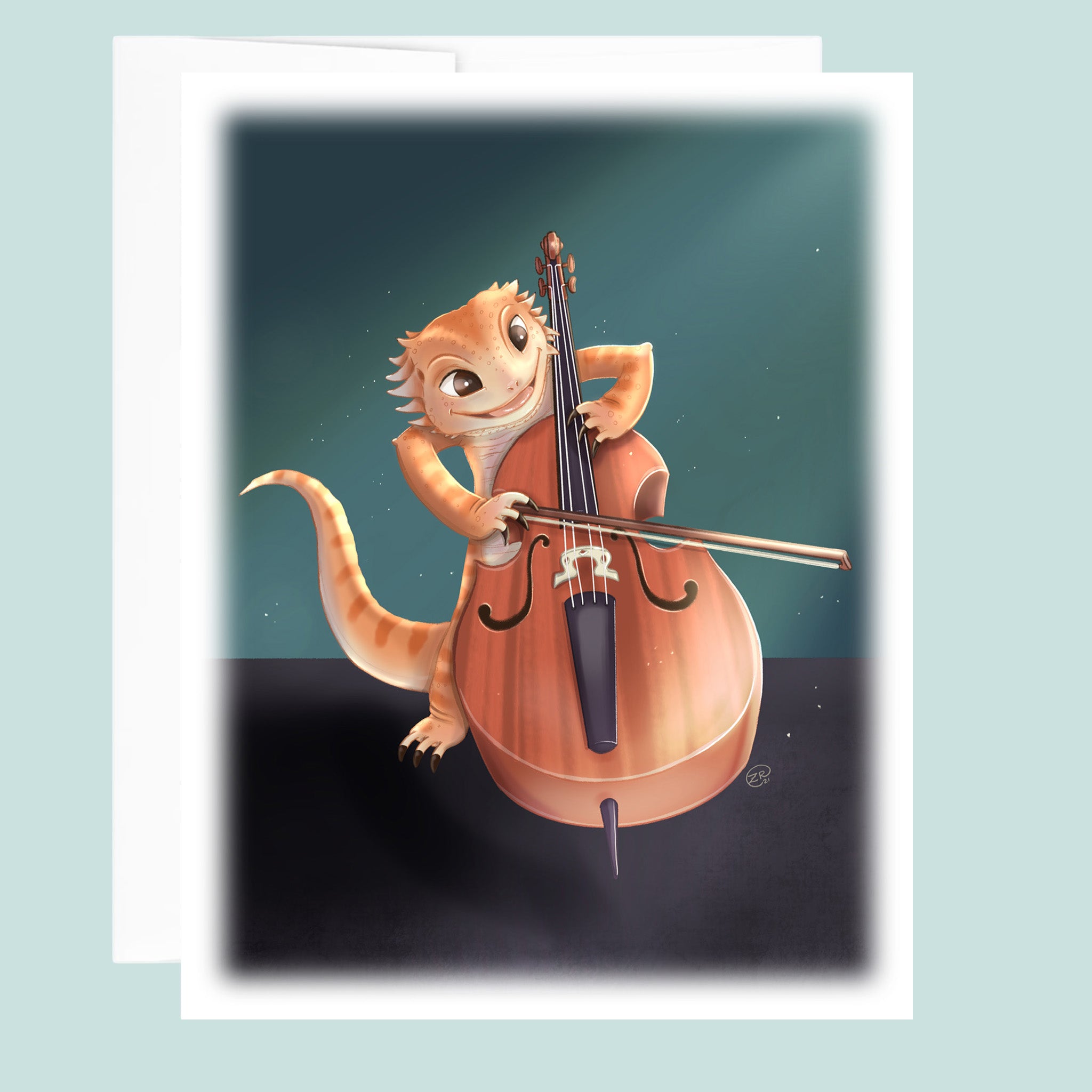 Illustration of a bearded dragonn lizard playing a cello on a dark background.