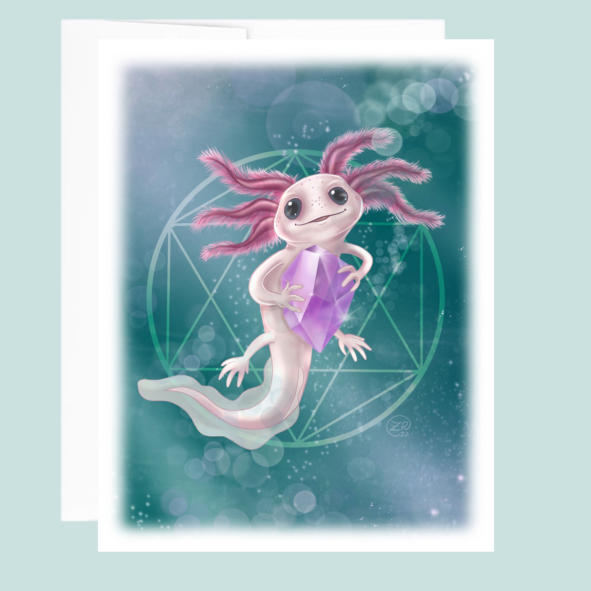 Illustration of a axolotl with pink hair-like structures on a teal background.