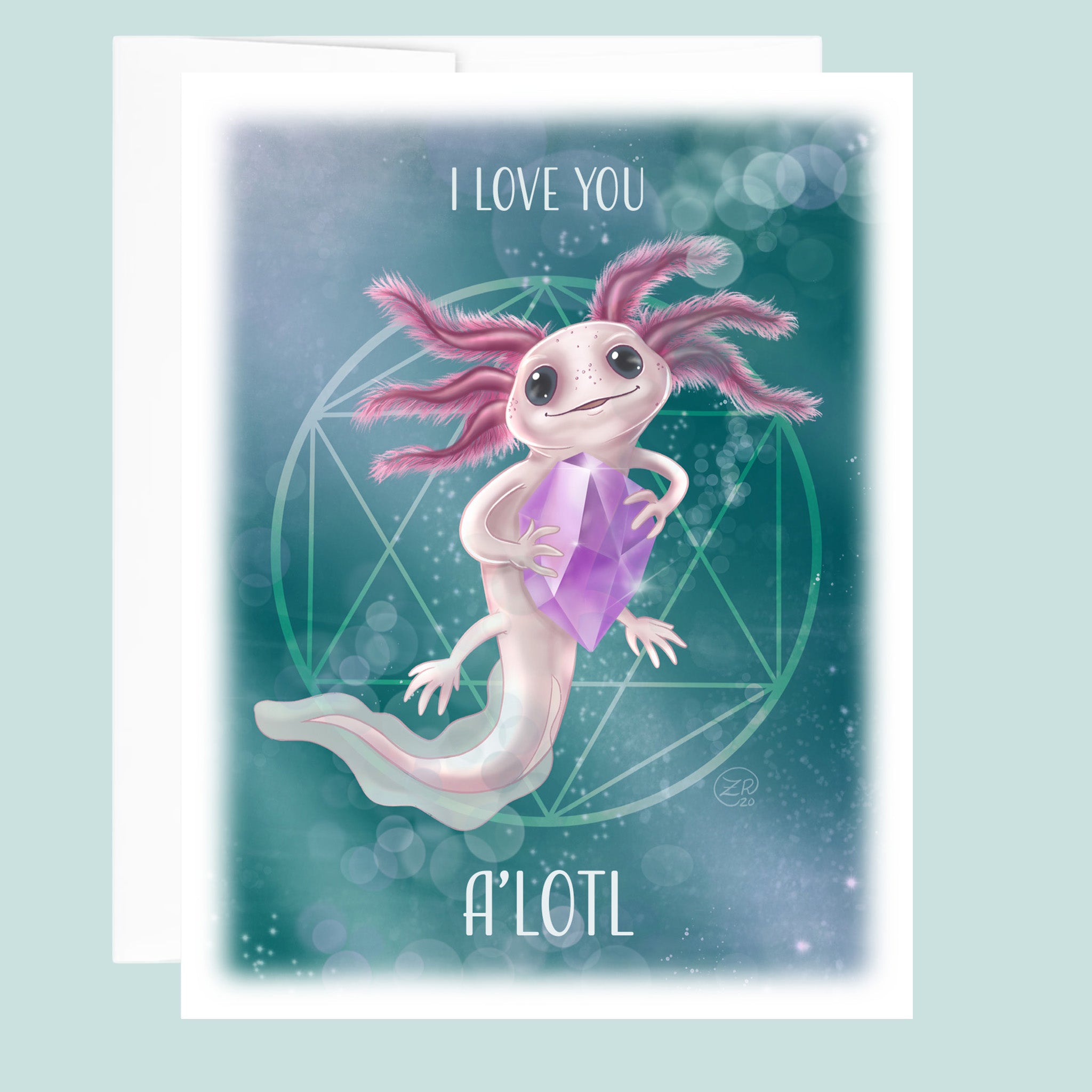 Card with axolotl illustration and 'I love you a'lotl' text on aqua blue background.