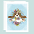 Illustration of a hound dog with succulent plants on a light blue background.