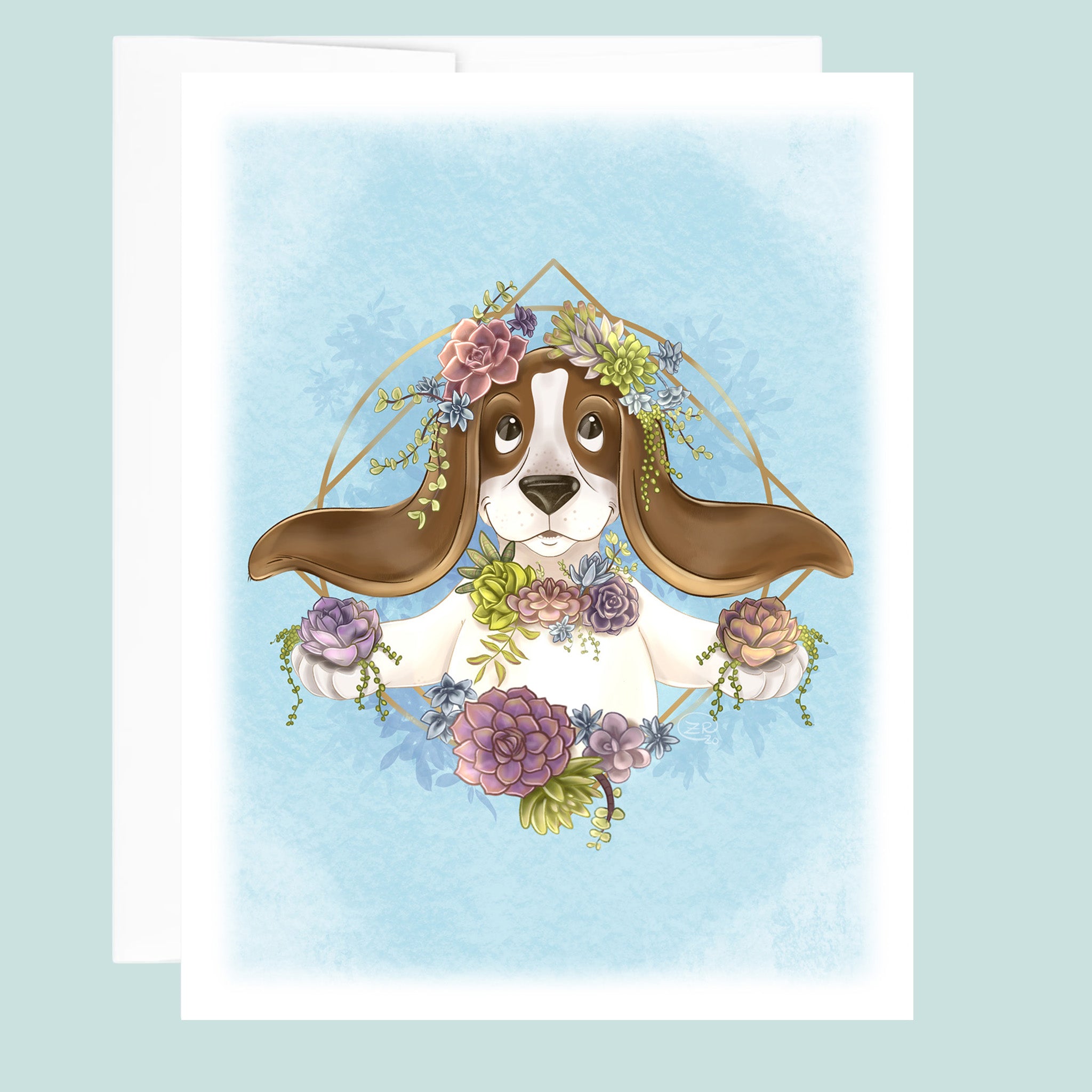 Illustration of a hound dog with succulent plants on a light blue background.