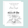 Greeting card with a black and white dog sitting on a dock illustration and text on a light blue background.