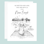Greeting card with a black and white dog sitting on a dock illustration and text on a light blue background.