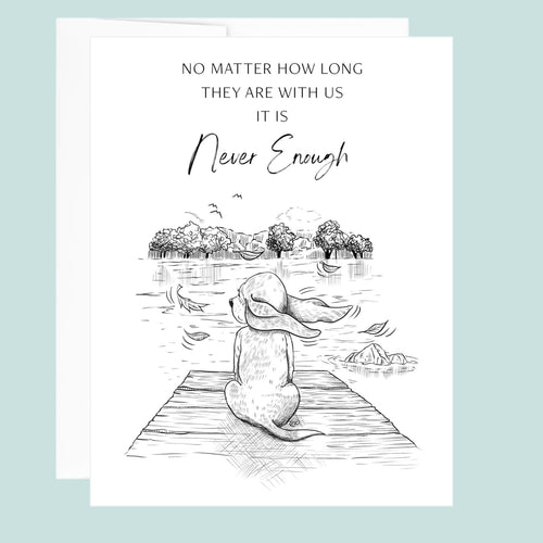 Greeting card with a black and white dog sitting on a dock illustration and text on a light blue background.