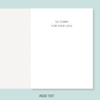 Greeting card with 'So sorry for your loss' text on a light blue background.