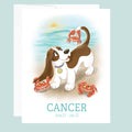 Artwork for the Cancer Zodiac sign of a basset houndon a beach playing with cute little orange crabs.