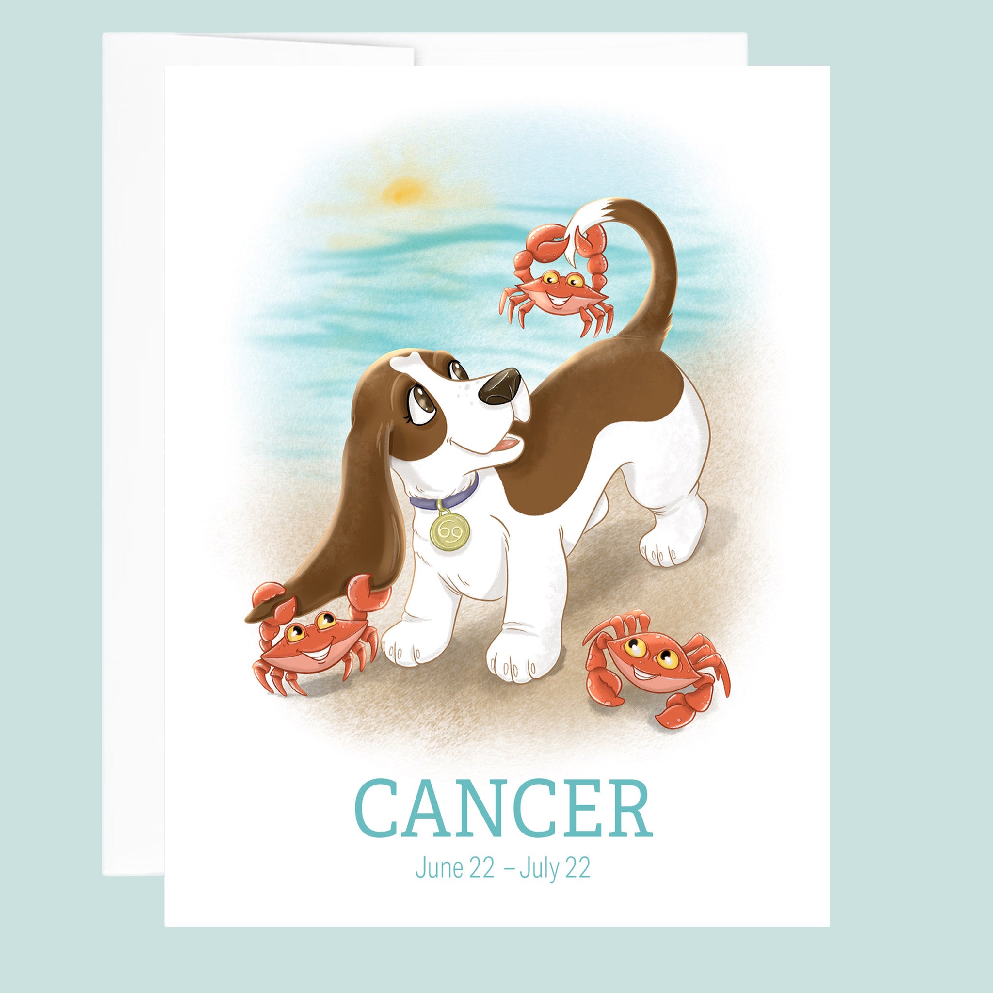 Artwork for the Cancer Zodiac sign of a basset houndon a beach playing with cute little orange crabs.