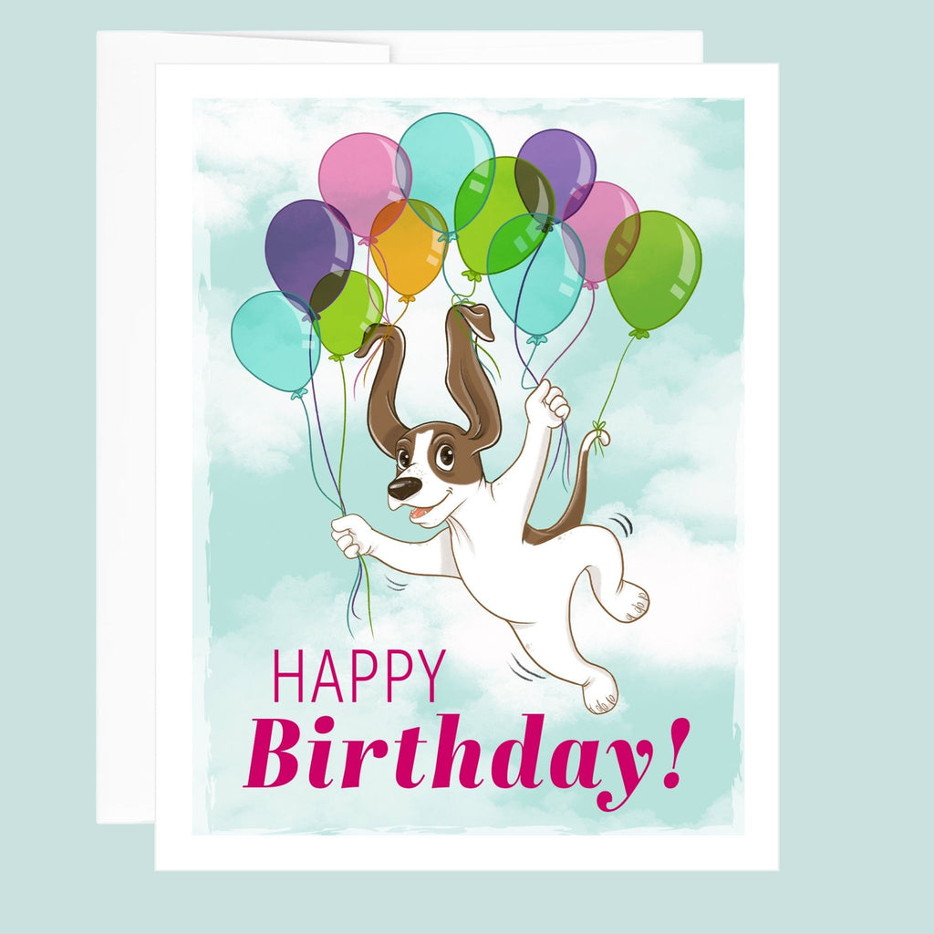 Birthday card with a dog holding balloons and 'Happy Birthday!' text on a light blue background.