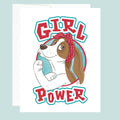 Cartoon dog with a bandana and 'Girl Power' text on a light blue background.