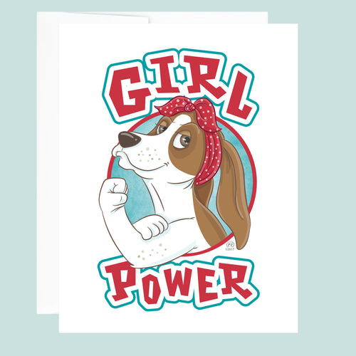 Cartoon dog with a bandana and 'Girl Power' text on a light blue background.
