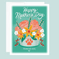 Mother's Day card with flowers and 'Happy Mother's Day from the dog' text on a teal background. 