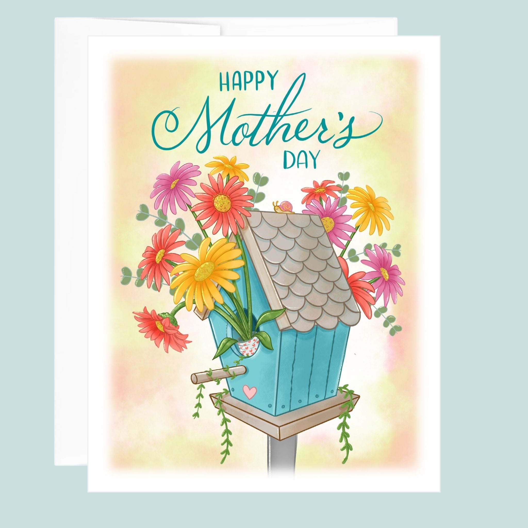 Mother's Day card with a blue birdhouse and flowers on a light blue background. 