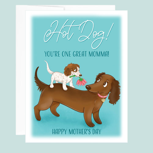 Mother's Day card with cartoon dogs and text on a light blue background.