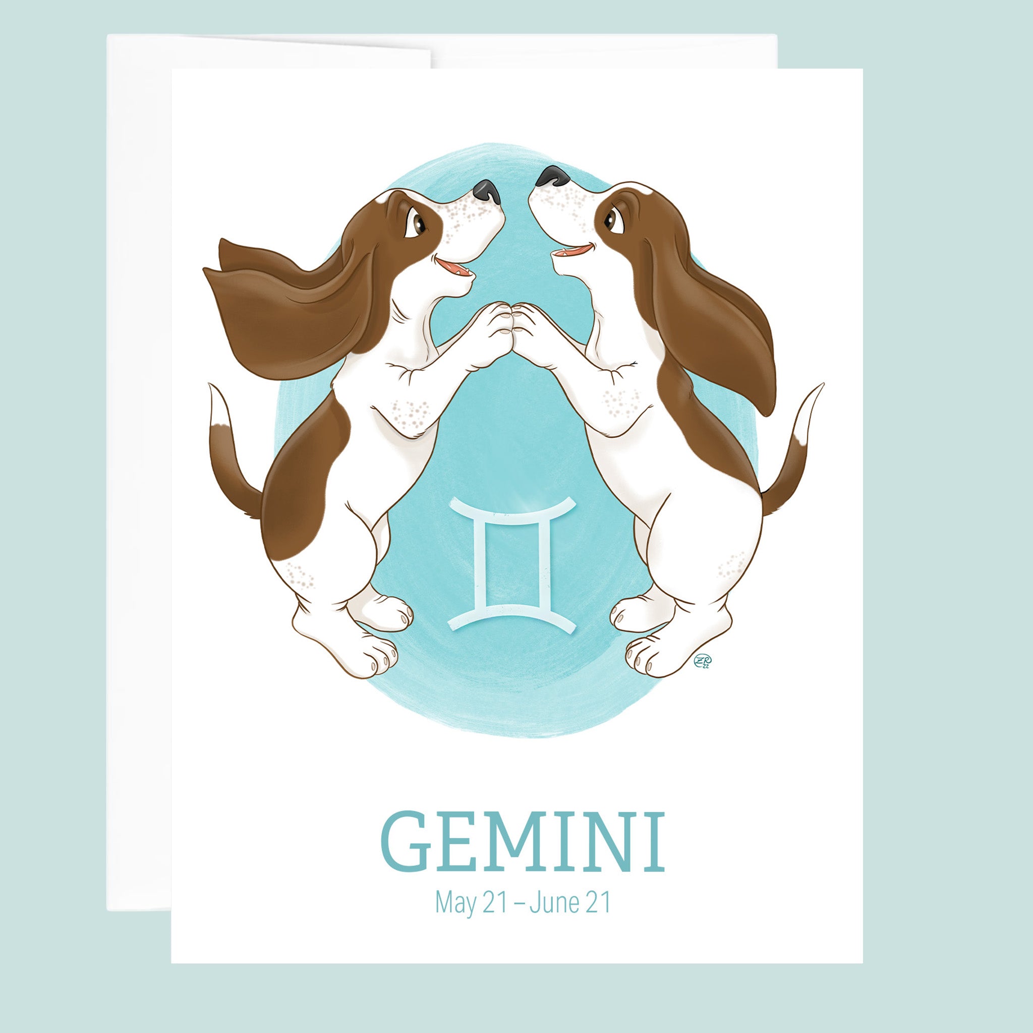 Artwork for the Gemini Zodiac sign of two twin basset hounds face to face standing up with front paws touching.