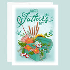 Father's Day card with fishing box and flowers on a light blue background.