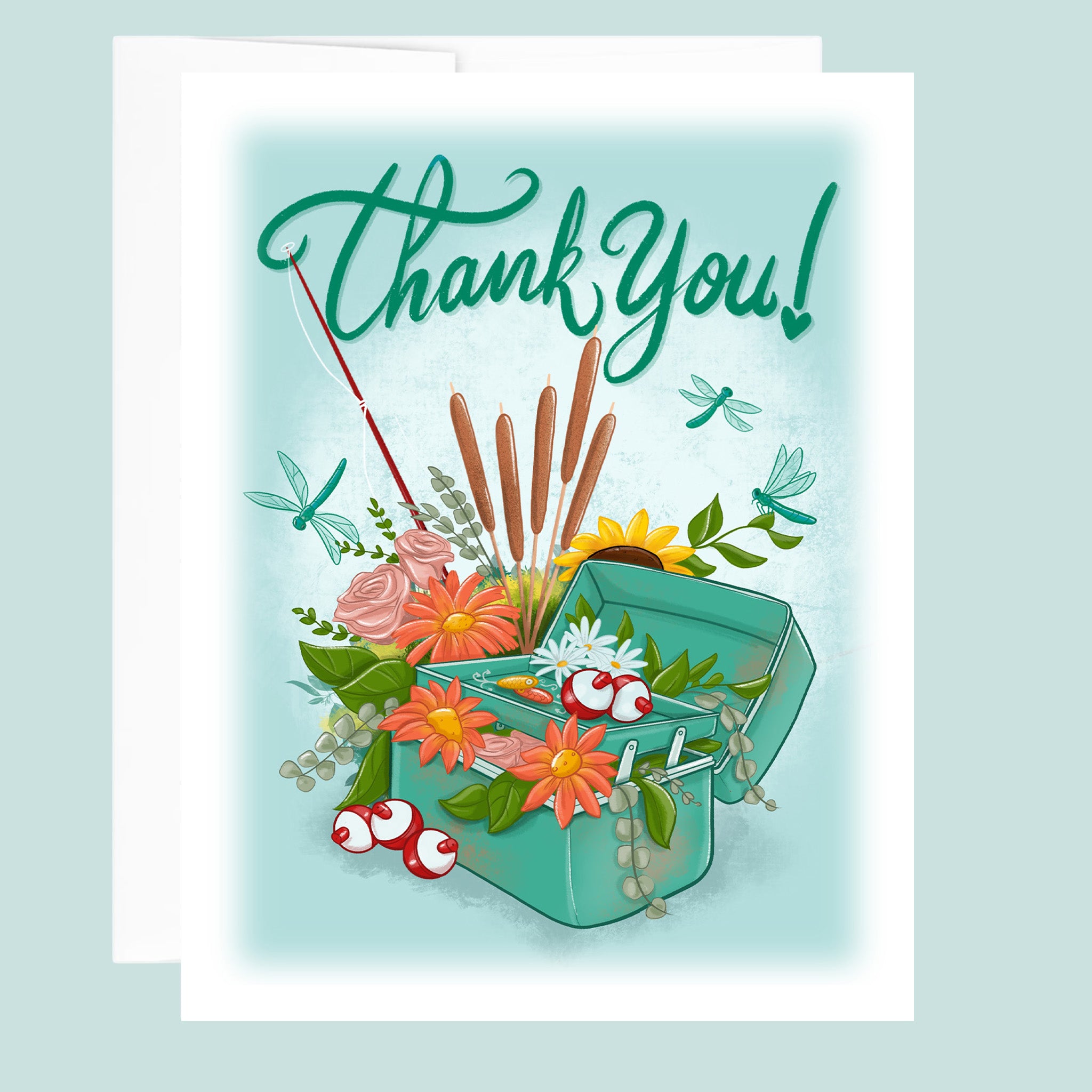 Greeting card with fishing theme and 'Thank You!' text on a light blue background.
