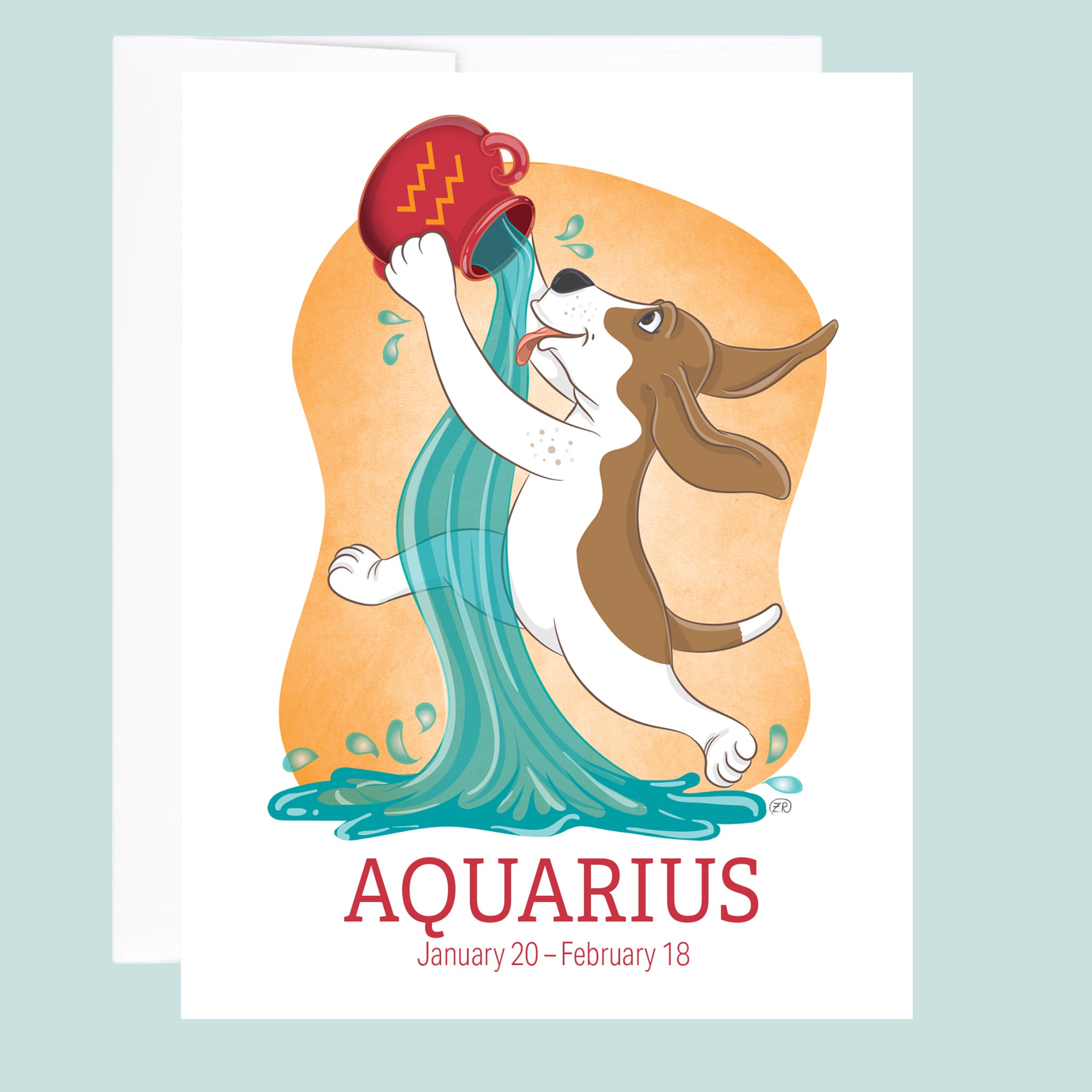 Artwork for the Aquarius Zodiac sign of a basset hound pouring water from a jug while drinking it.