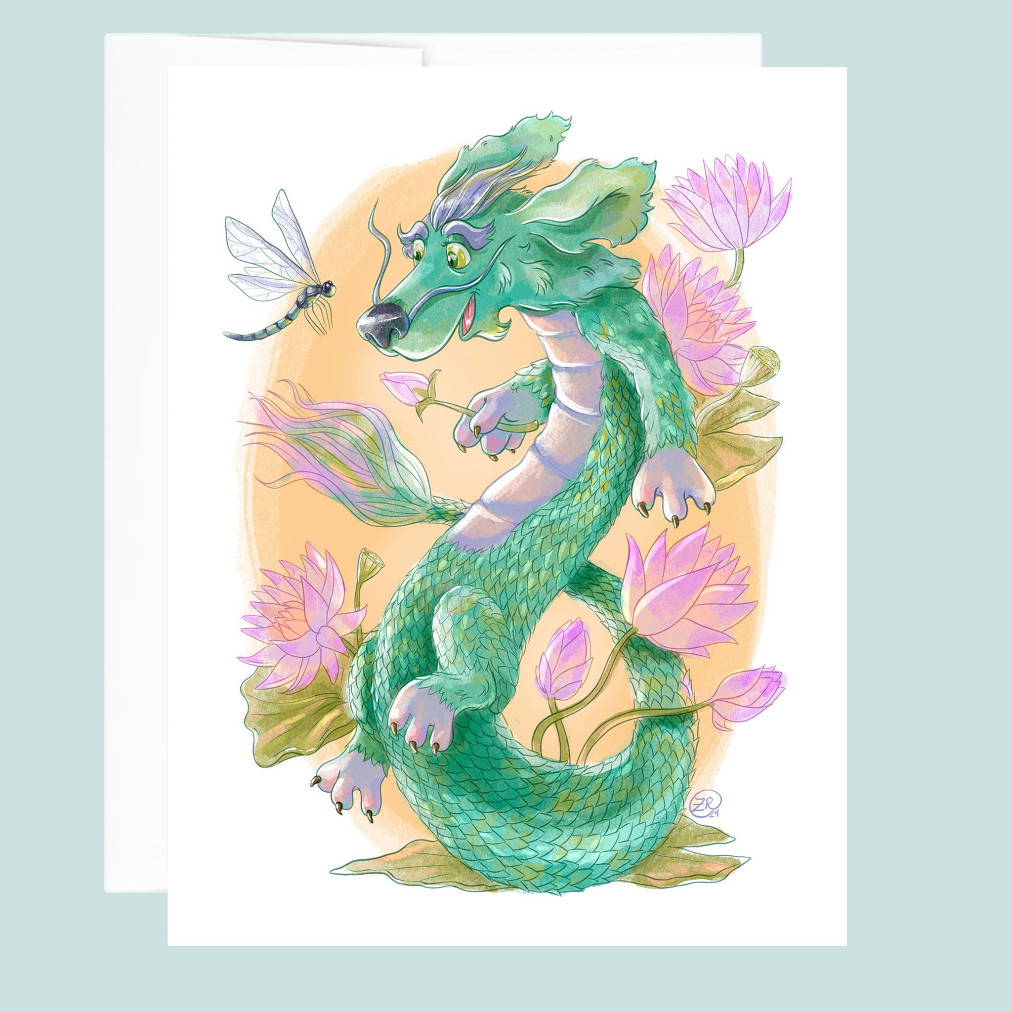 Colorful dragon illustration with lotus flowers and a dragon fly friend for year of the dragon on a light blue background.