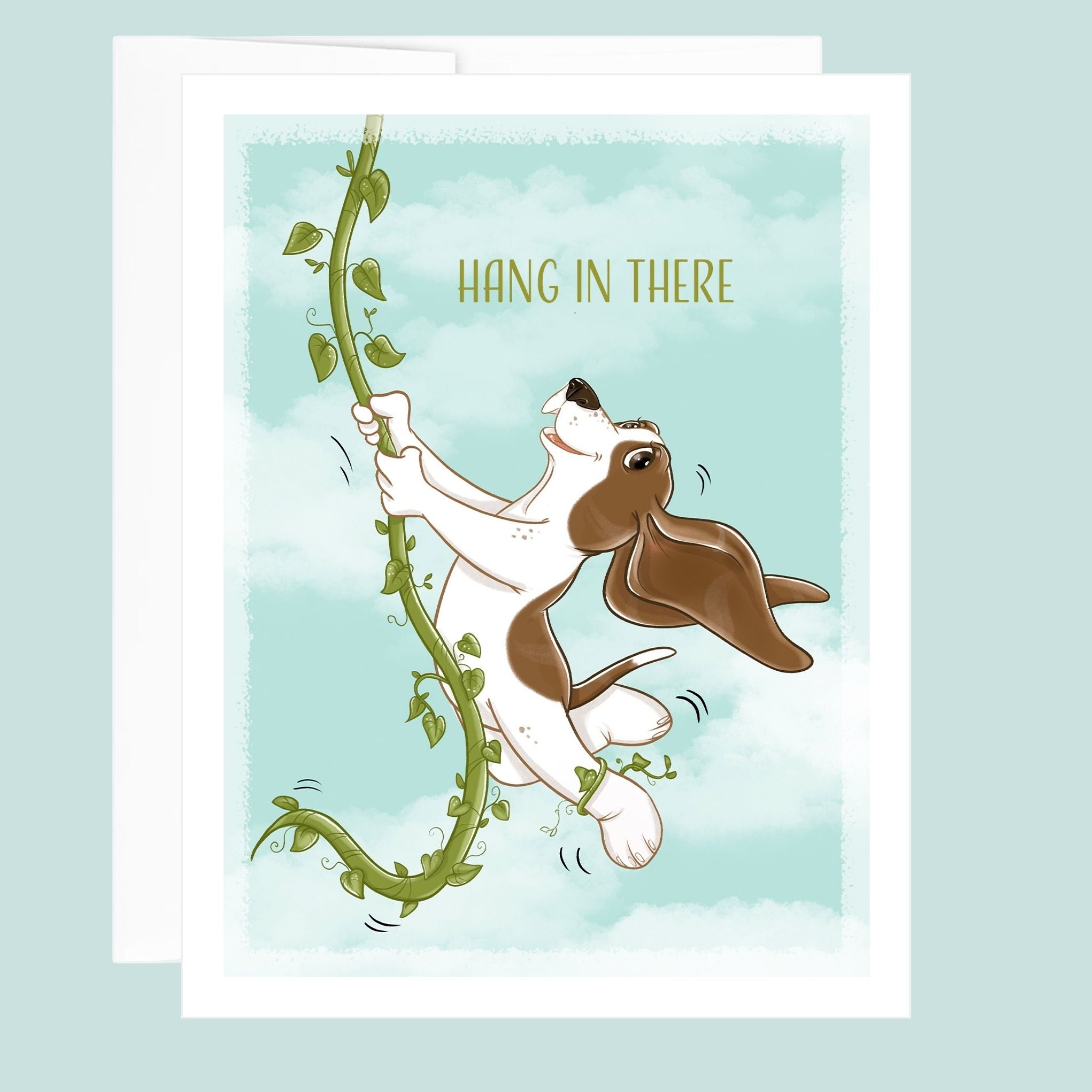 Cartoon dog climbing a vine with 'Hang in there' text on a light blue background. 