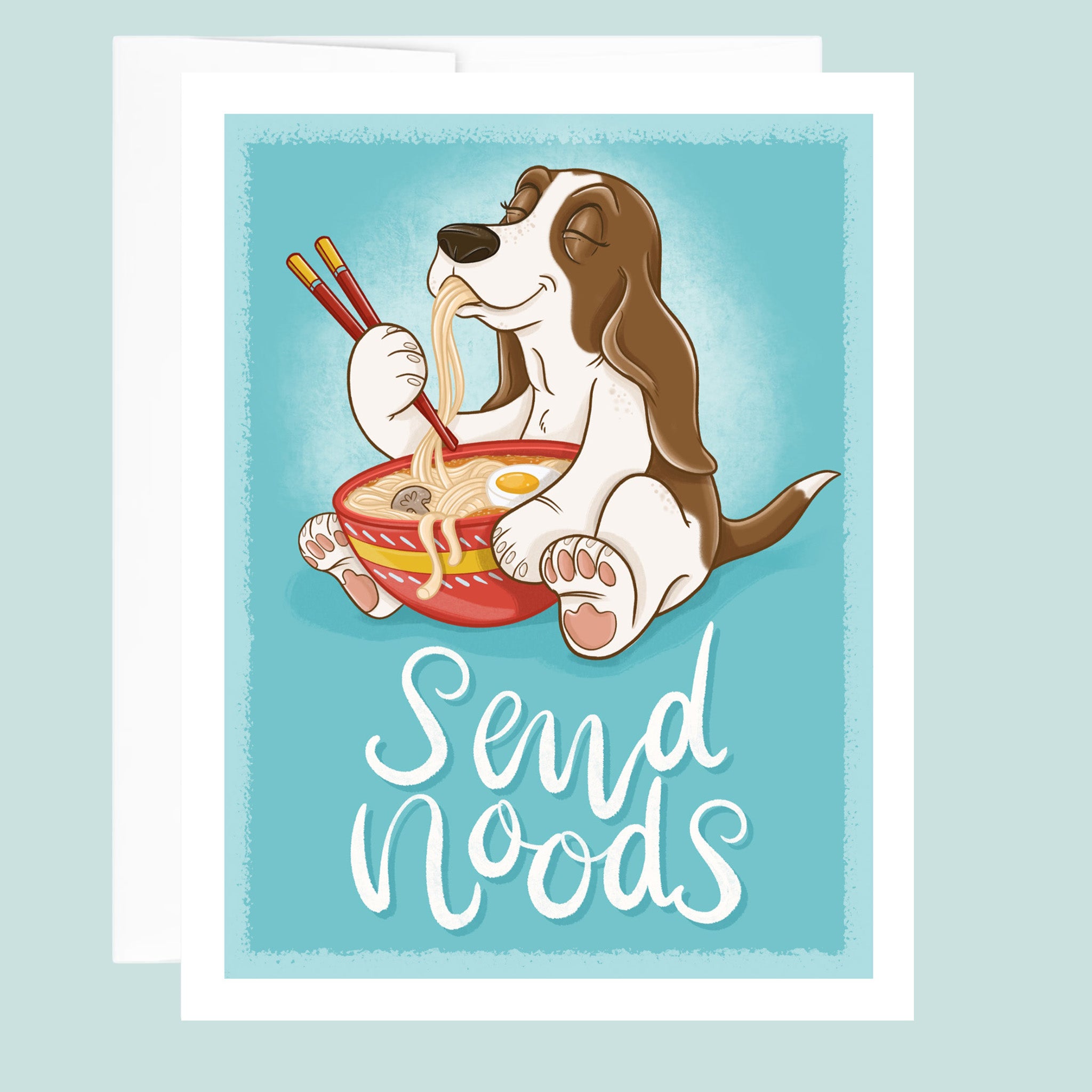 Cartoon dog eating ramen with chopsticks on a blue background, featuring the text 'Send Noods'.