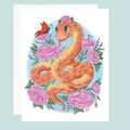 Colorful illustration of an orange snake coiled among pink roses with a butterfly friend for year of the snake on a light blue background.