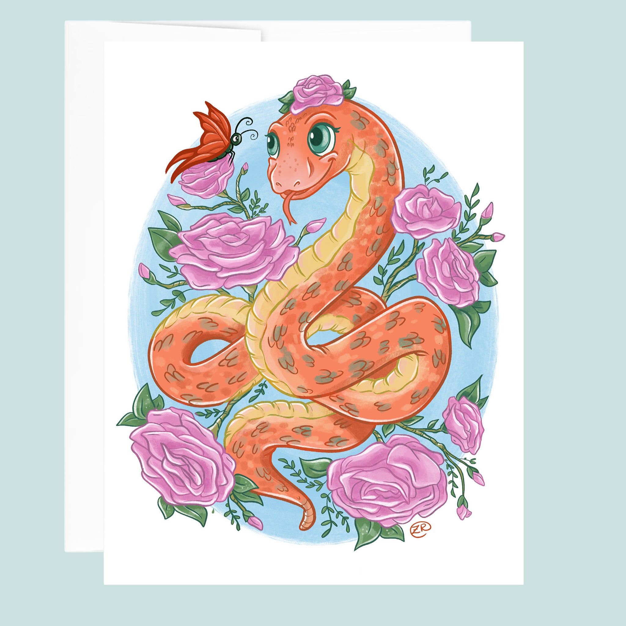 Colorful illustration of an orange snake coiled among pink roses with a butterfly friend for year of the snake on a light blue background.