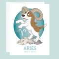 Artwork for the Aries Zodiac sign of a basset hound with large ram horns rearing up on a boulder.