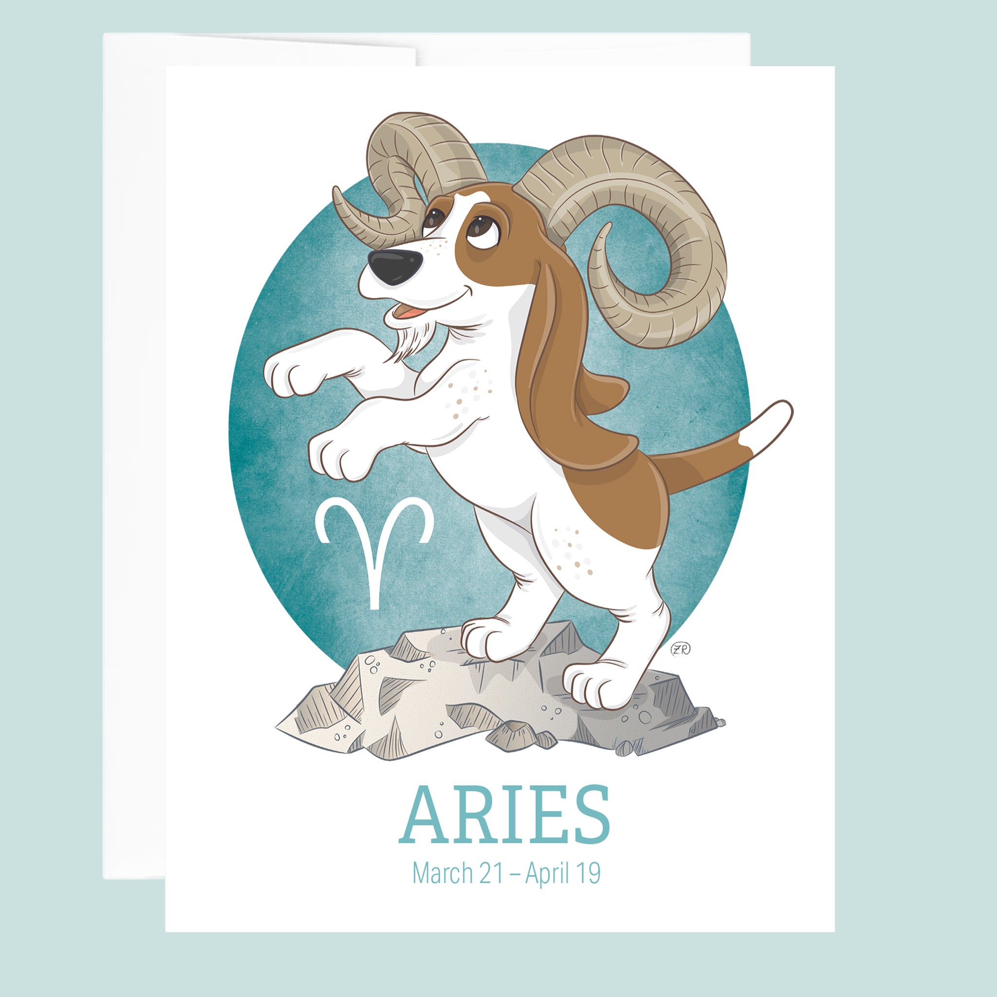 Artwork for the Aries Zodiac sign of a basset hound with large ram horns rearing up on a boulder.
