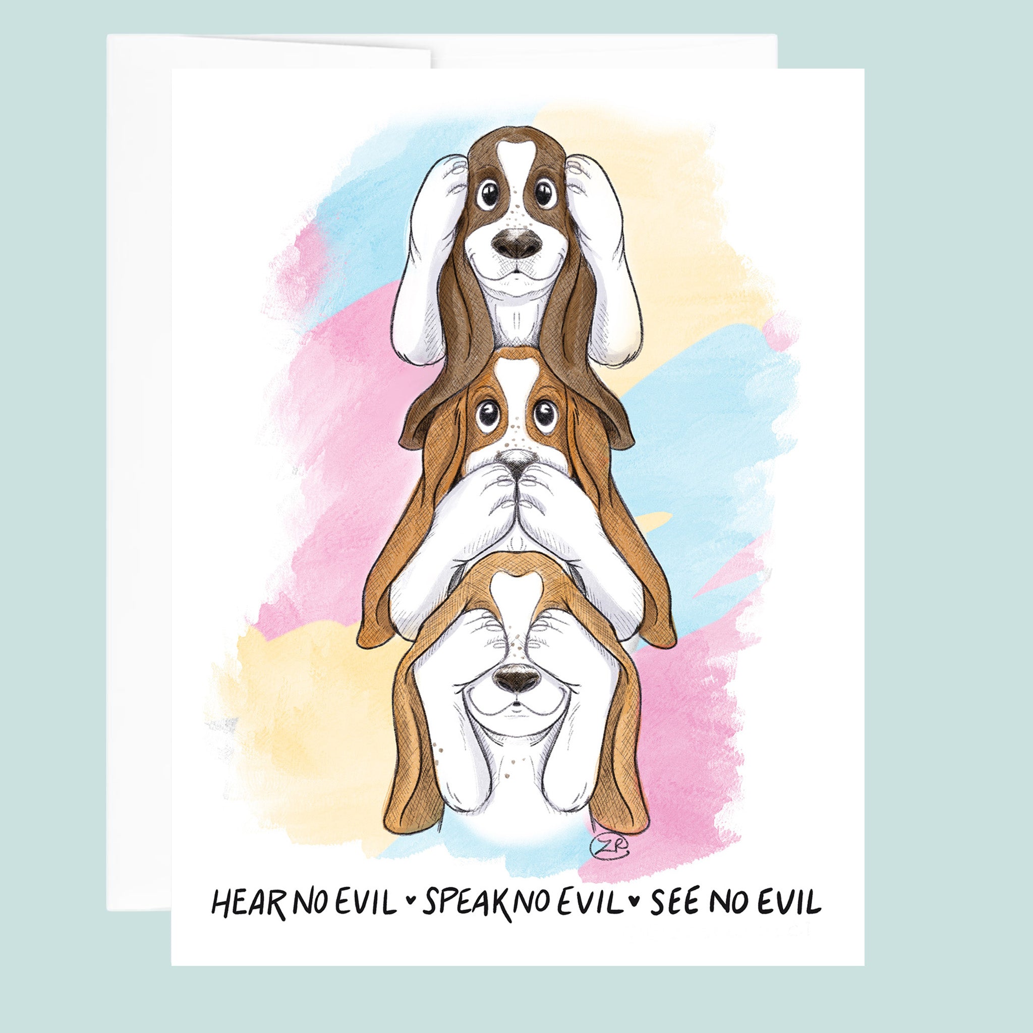 Three cartoon dogs with 'Hear no evil, Speak no evil, See no evil' text on a colorful background.