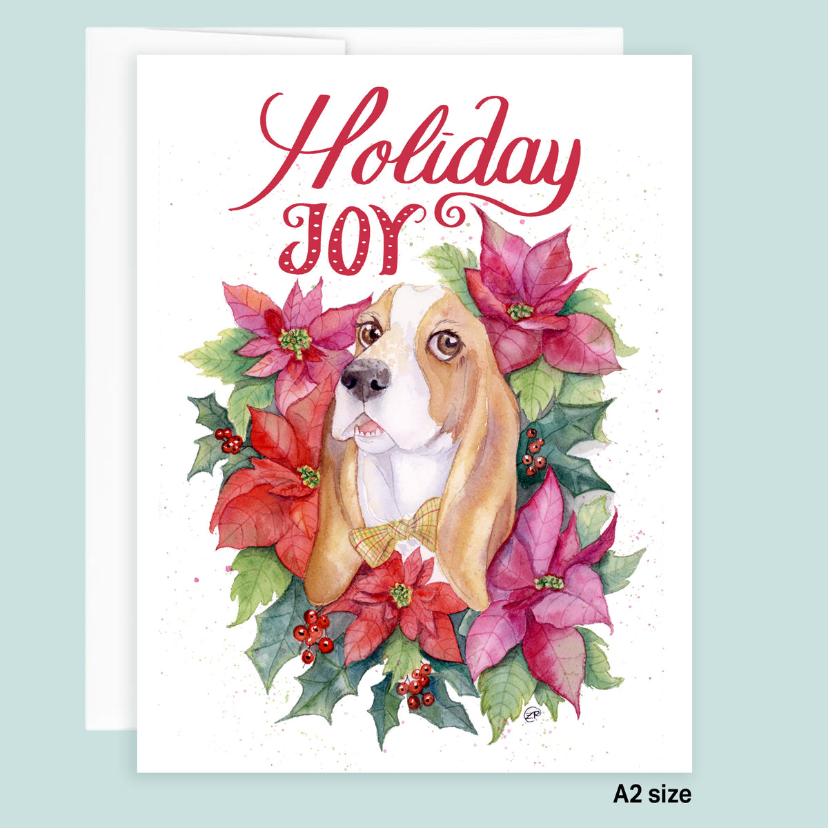 Basset Hound Poinsettias Christmas Card