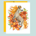 Illustration of a horse with flowing flaming hair and orange lily flowers on a light blue background for year of the horse.