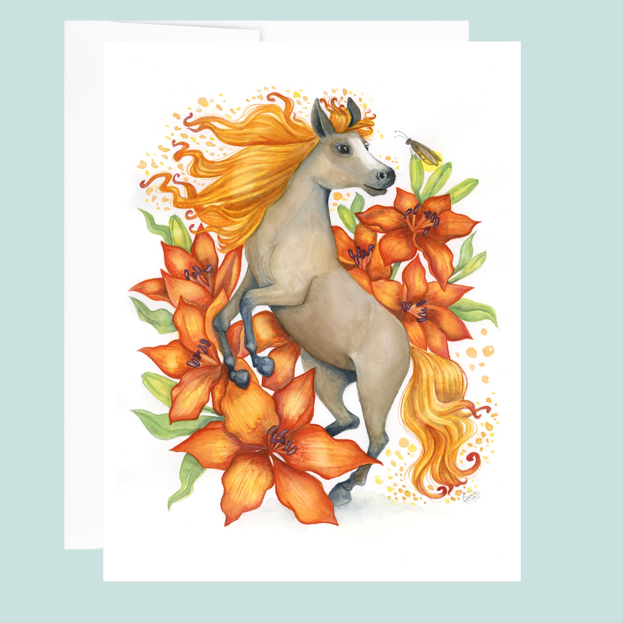 Illustration of a horse with flowing flaming hair and orange lily flowers on a light blue background for year of the horse.