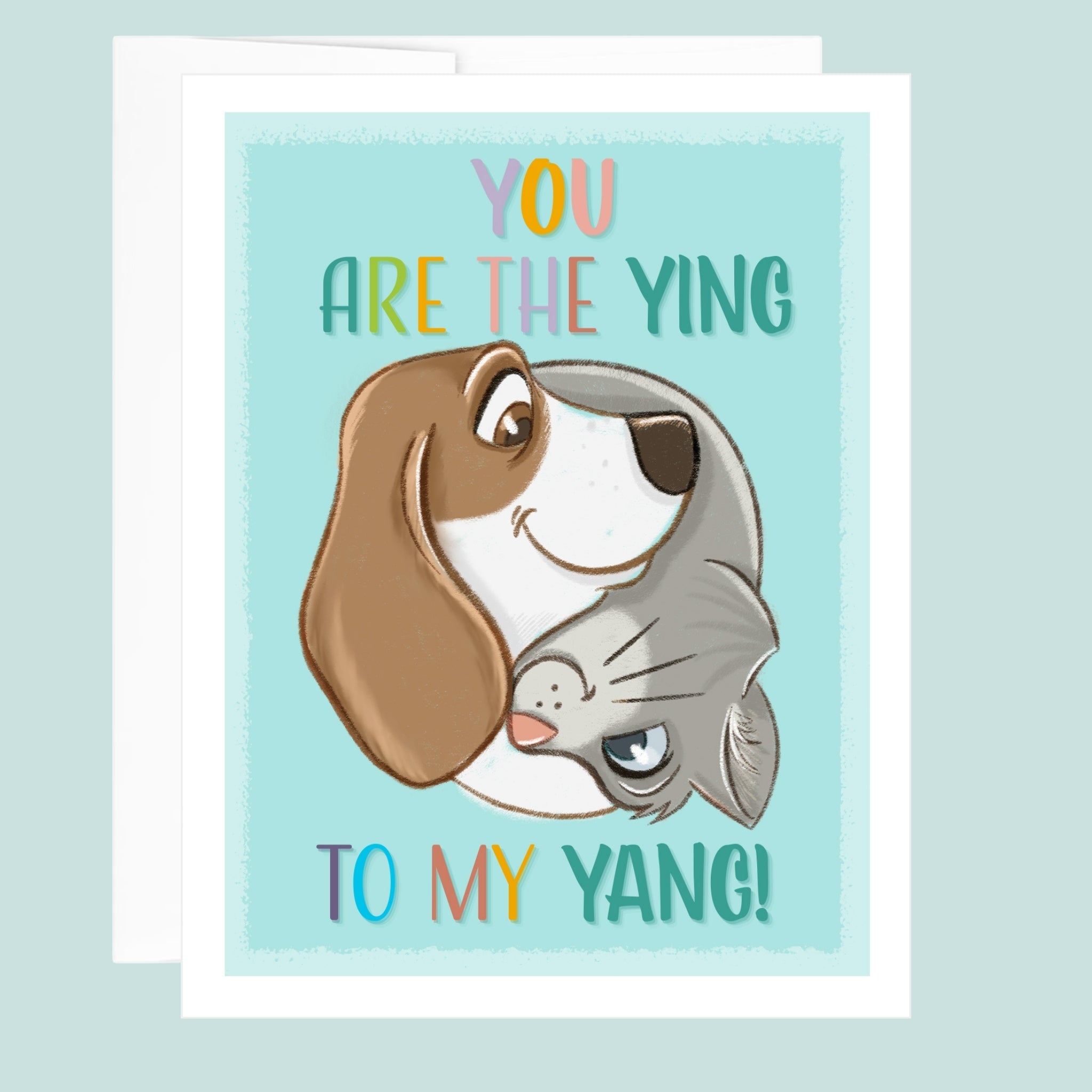 Card with cartoon dog and cat illustration and text on a light blue background. ©Good Dharma Design by Zoe Ranucci