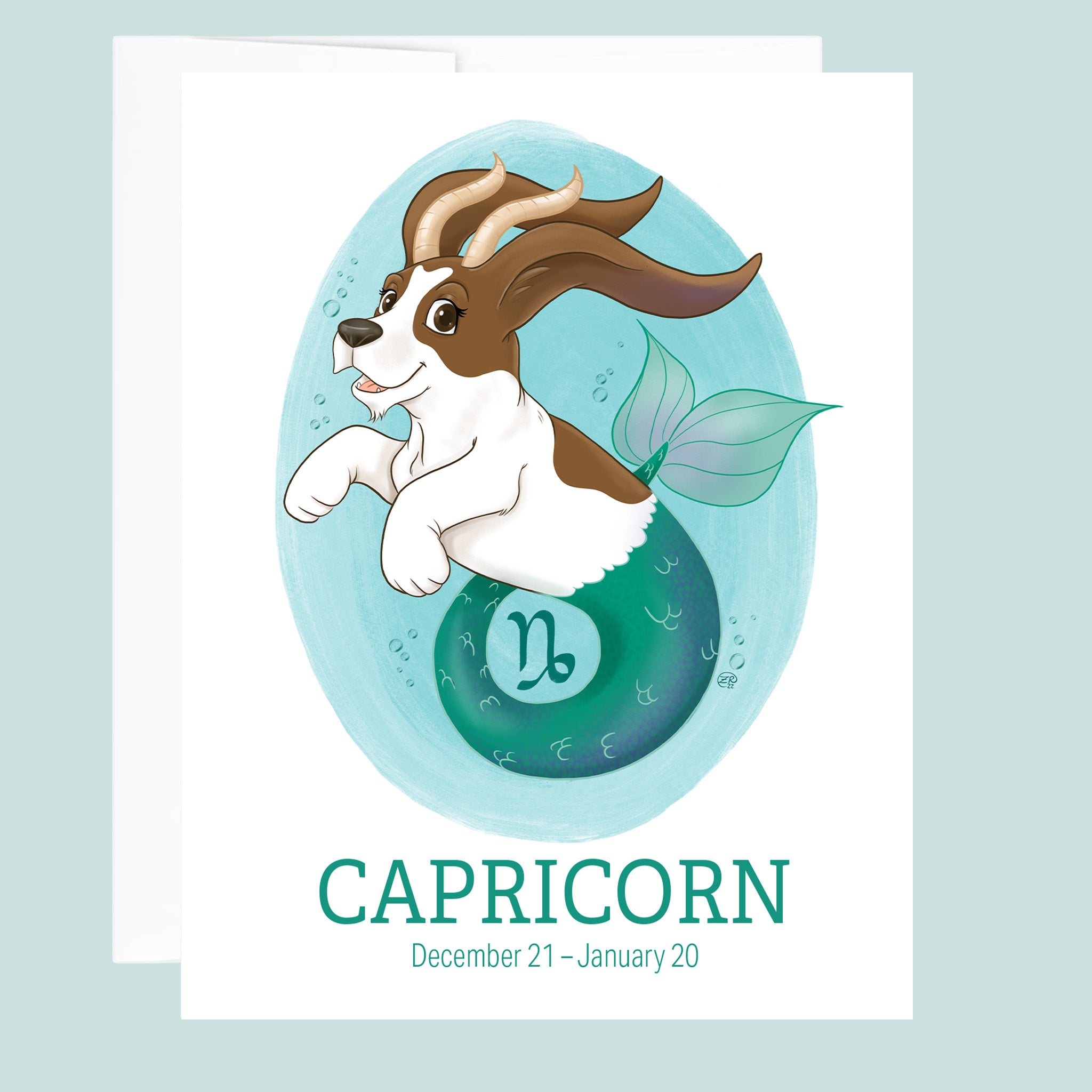 Artwork for the Capricorn Zodiac sign of a basset hound that is part goat and part fish with horns and a tail.