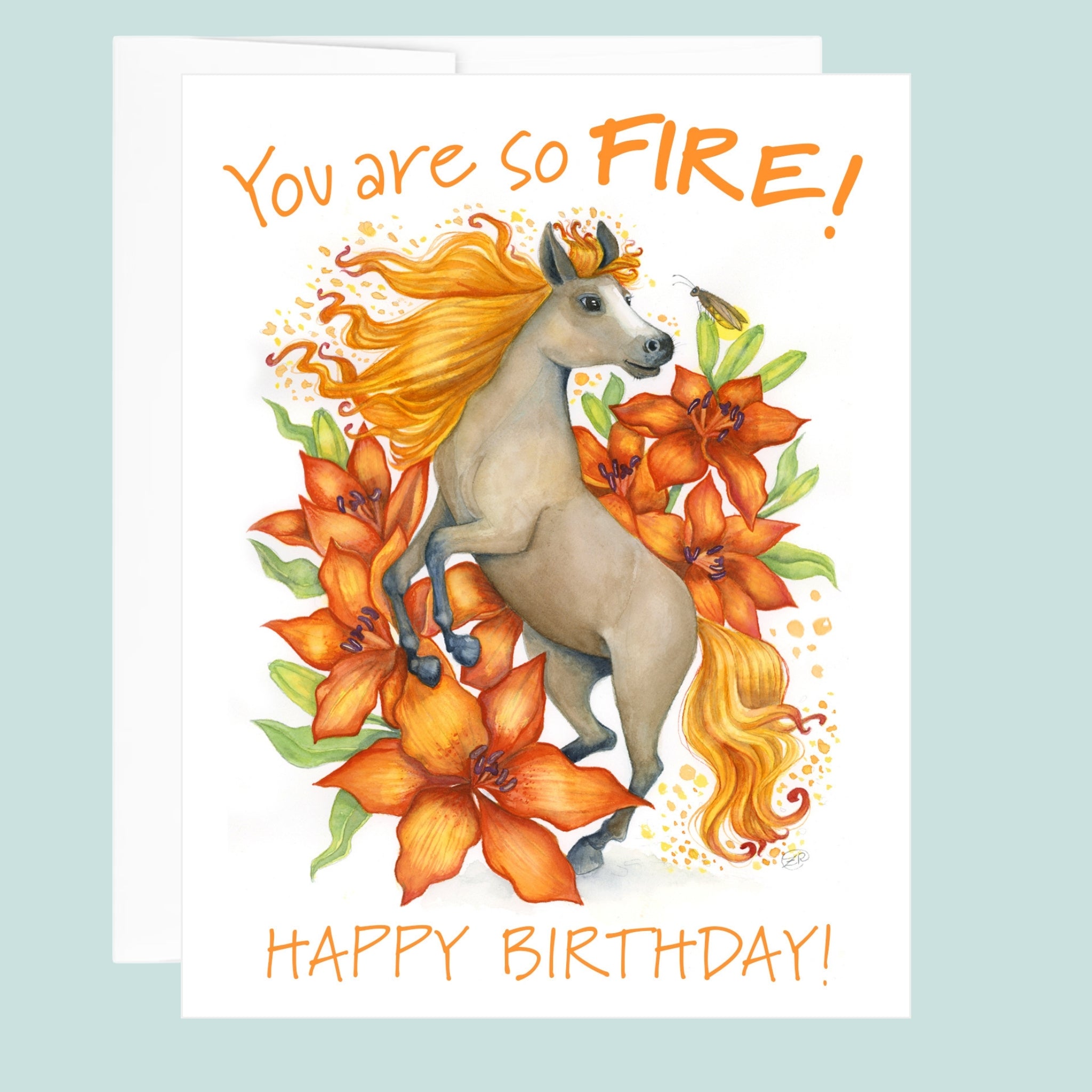 Birthday card with a horse and flowers on a light blue background.
