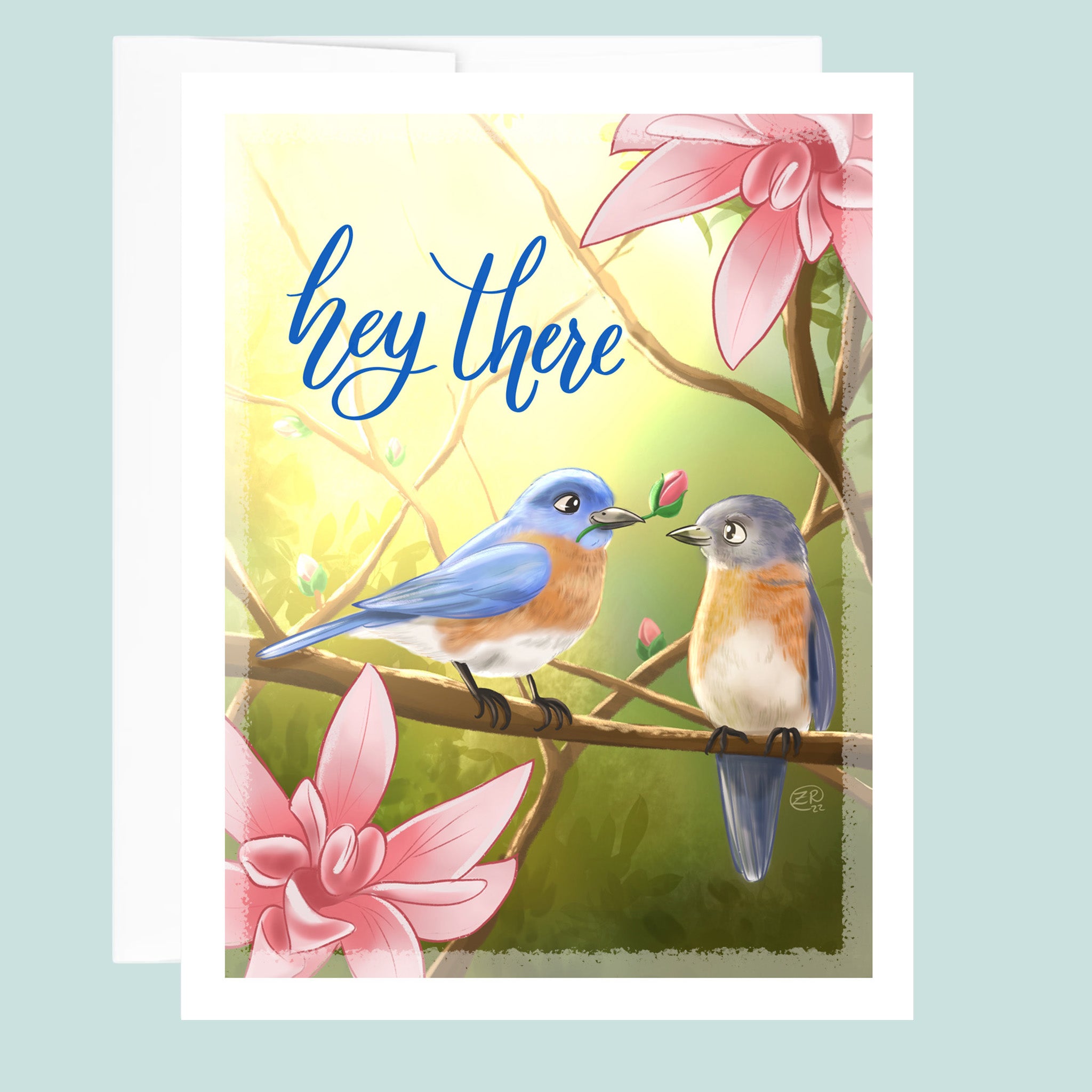 Card with two birds on a branch and pink flowers, with 'hey there' text.