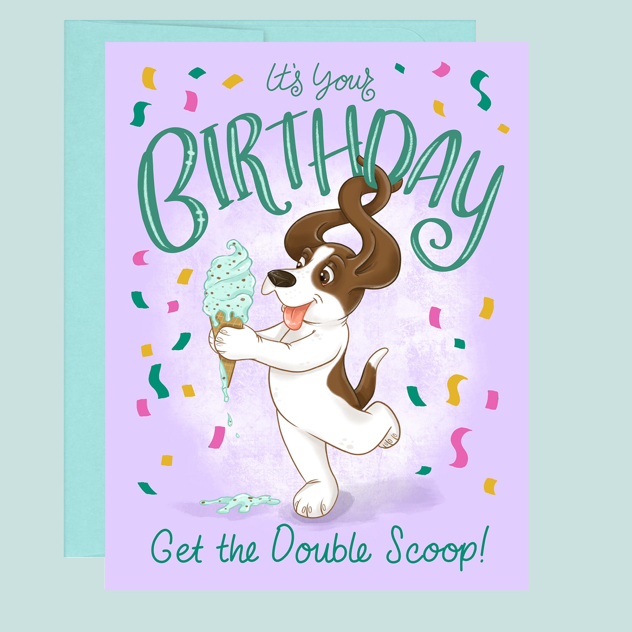 Birthday card with cartoon dog holding ice cream and colorful text on a light blue background.