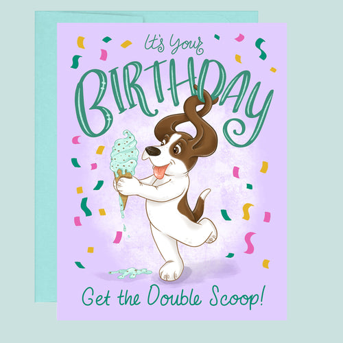Birthday card with cartoon dog holding ice cream and colorful text on a light blue background.