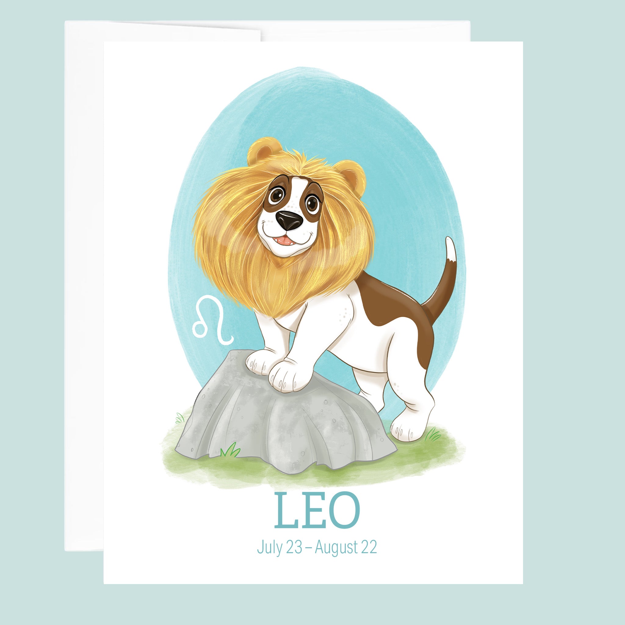 Artwork for the Leo Zodiac sign of a basset hound with a lion's main and front feet propped up on a rock.