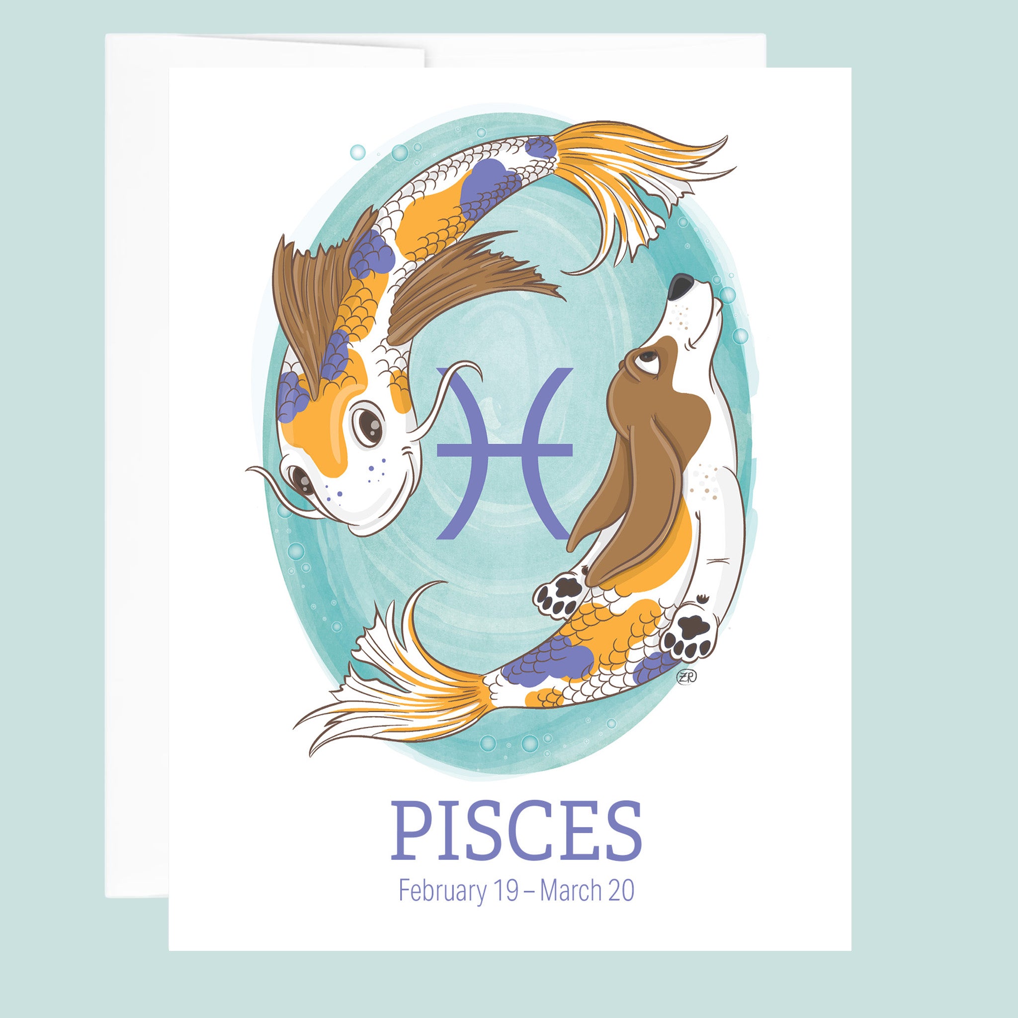 Artwork for the Pisces Zodiac sign of a basset hound that is half koi fish and koi fish forming pisces symbol.