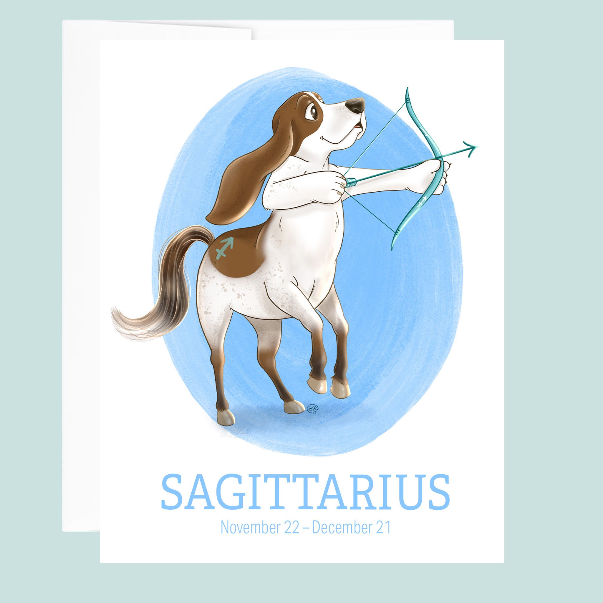 Artwork for the Sagittarius Zodiac sign of a basset hound that is half horse and shotting a bow and arrow.