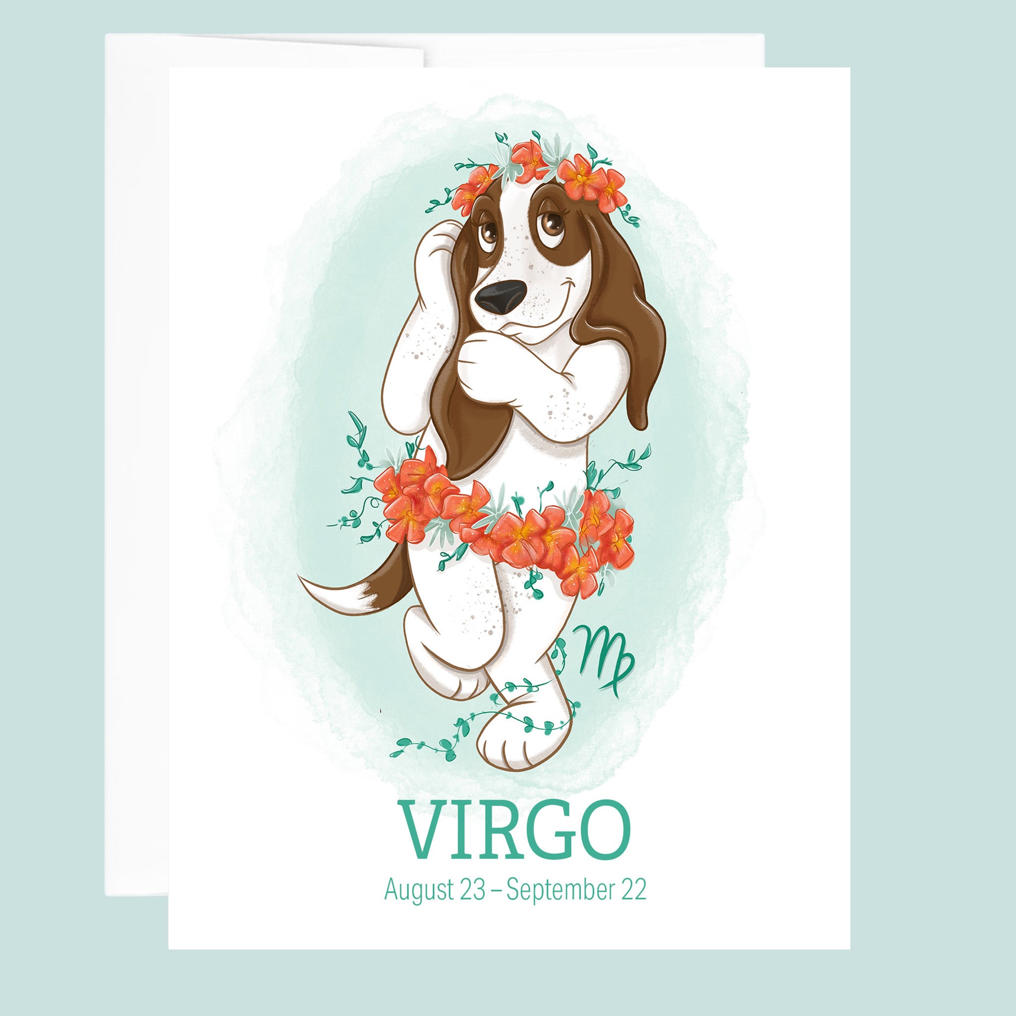 Artwork for the Virgo Zodiac sign of a basset hound wrapped in flowers in a demure pose.