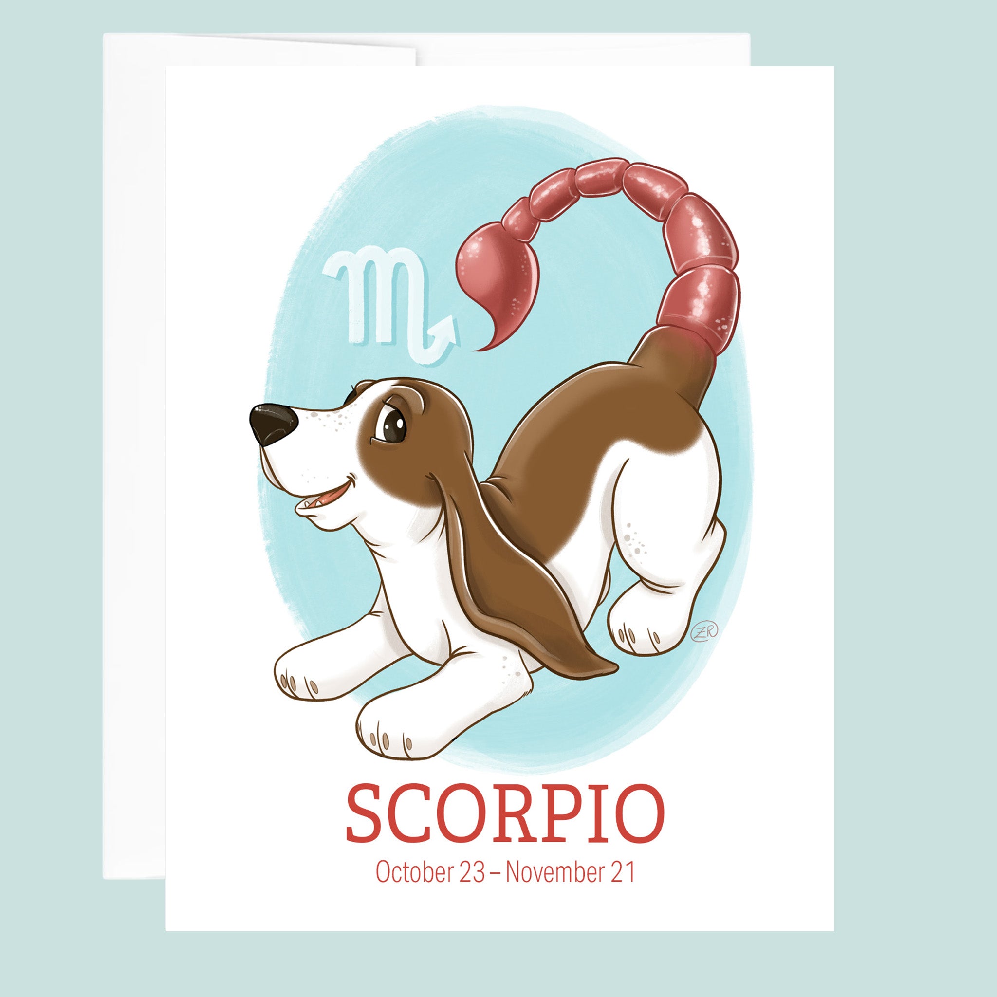 Artwork for the Scorpio Zodiac sign of a basset hound with a scorpion tail.